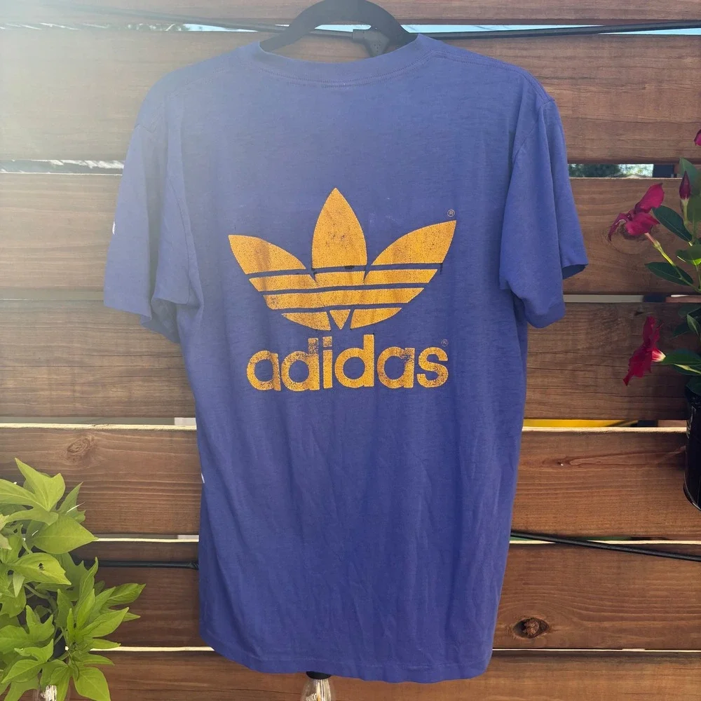80s Adidas Graphic T-Shirt Mens L Purple Vintage Made in USA Trefoil Distressed